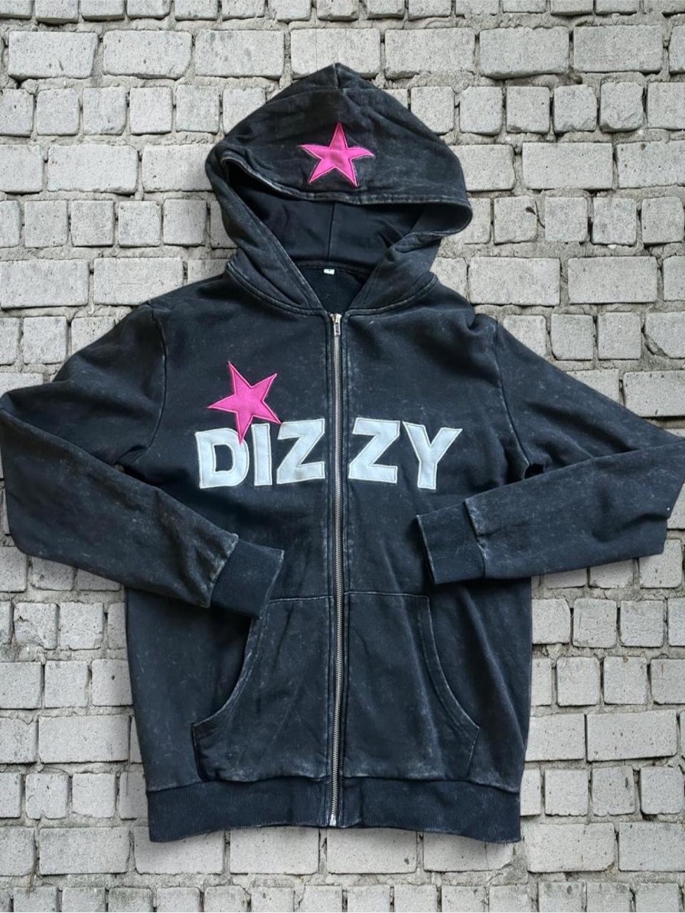 Dizzy Dyl Black Zip Hoodie with Pink Star Accents and white text Small